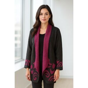Crush Fashion XL Cardigan Open Front Black Purple Abstract‎ Design Textured